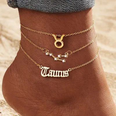 Women Fashion 12 Constellation Zodiac Alloy Multi-Layer Anklets Set