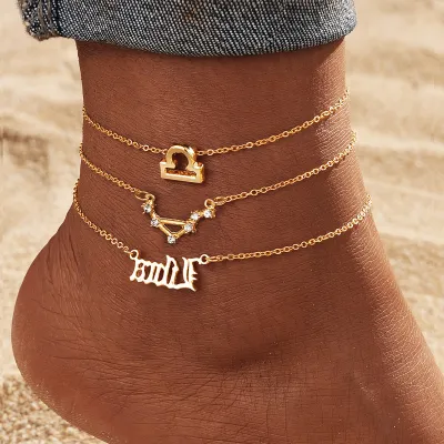 Women Fashion 12 Constellation Zodiac Alloy Multi-Layer Anklets Set