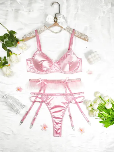 Women Fashion Solid Color Mesh Steel Rings Gather Bowknot Sexy Lingerie Three-Piece Set