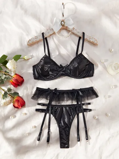 Women Fashion Solid Color Mesh Steel Rings Gather Bowknot Sexy Lingerie Three-Piece Set
