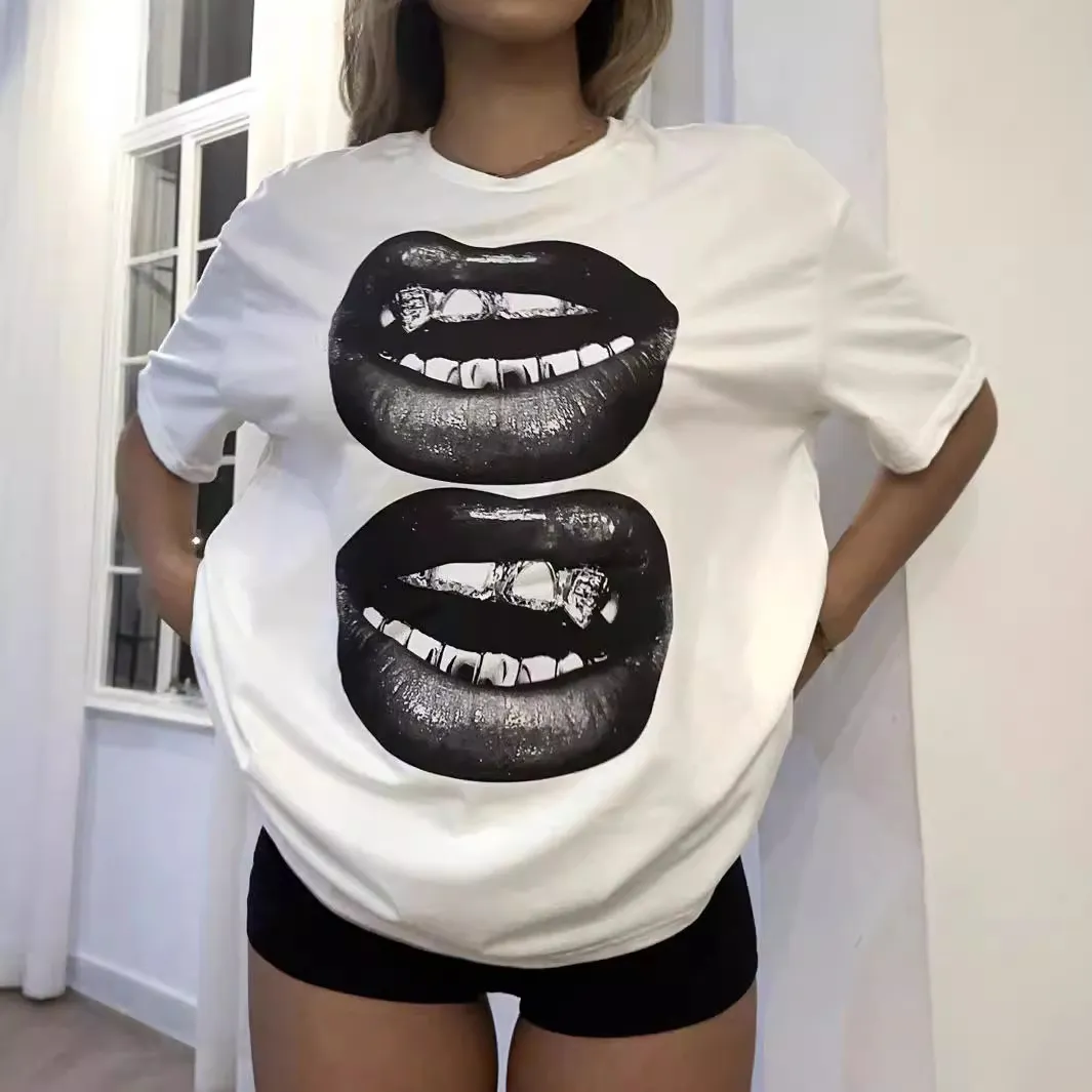 Women Casual Loose Lip Printed Short-Sleeve T-Shirt