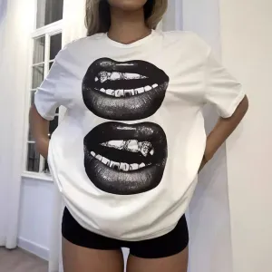 Women Casual Loose Lip Printed Short-Sleeve T-Shirt
