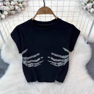 Women Fashion Sexy Magic Claw Rhinestone Printed Short-Sleeve T-Shirt