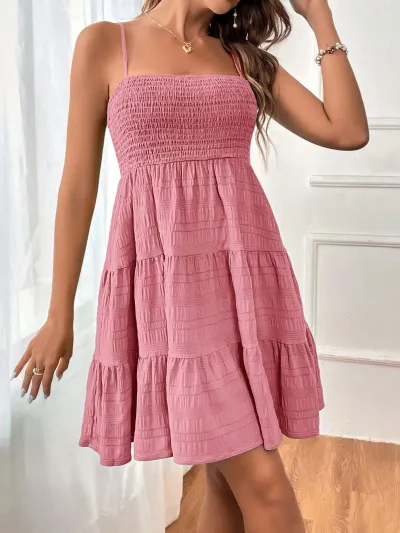 Women Casual Solid Color Pleated Spaghetti Strap Street Hipster Dress