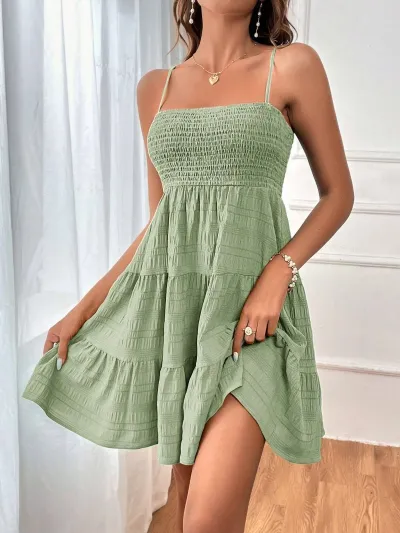 Women Casual Solid Color Pleated Spaghetti Strap Street Hipster Dress