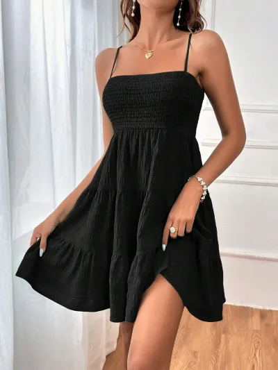 Women Casual Solid Color Pleated Spaghetti Strap Street Hipster Dress