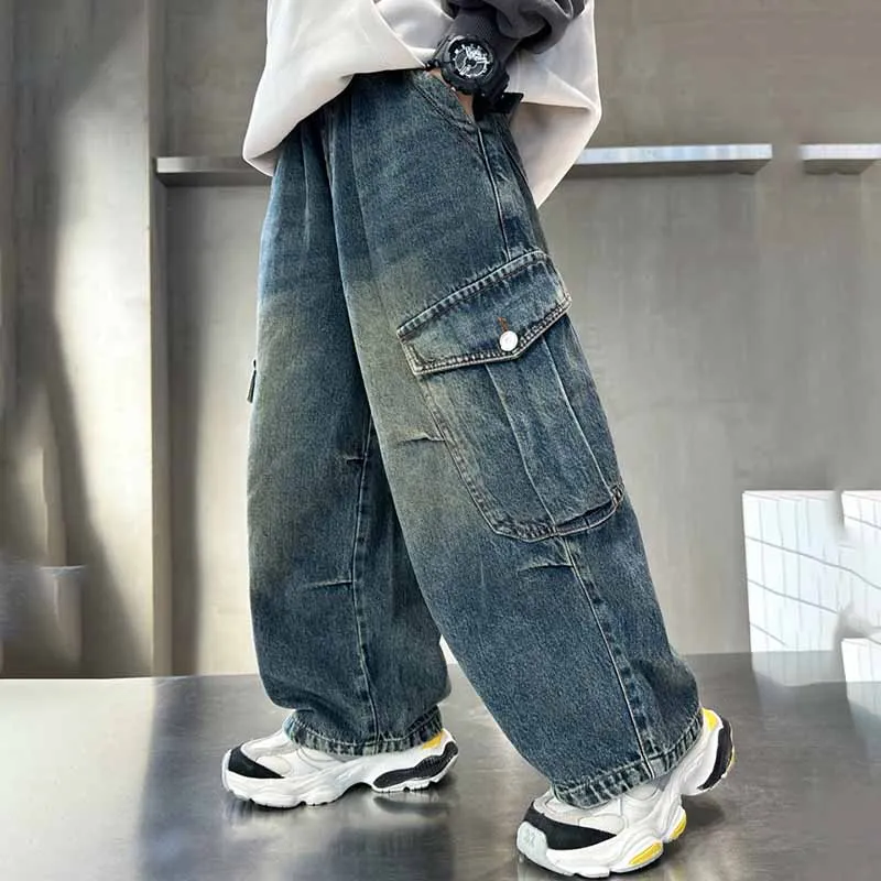 Kids Toddler Big Boys Fashion Casual Vintage Cargo Wide Leg Mid-Waist Denim Jeans
