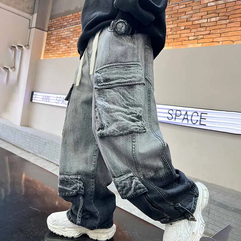 Kids Toddler Big Boys Fashion Casual Vintage Cargo Wide Leg Denim Jeans