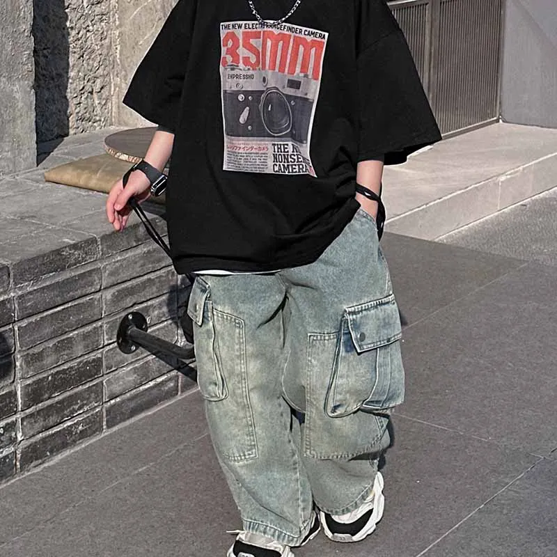 Kids Toddler Big Boys Fashion Casual Vintage Cargo Wide Leg Denim Jeans