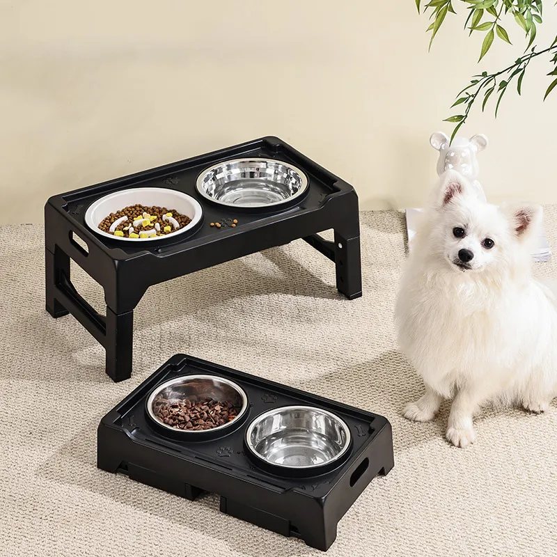 Elevated Adjustable Standing Non-Slip Dog Feeder Bowl Set with Plastic and Stainless Steel Bowls