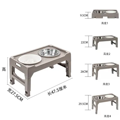 Elevated Adjustable Standing Non-Slip Dog Feeder Bowl Set with Plastic and Stainless Steel Bowls