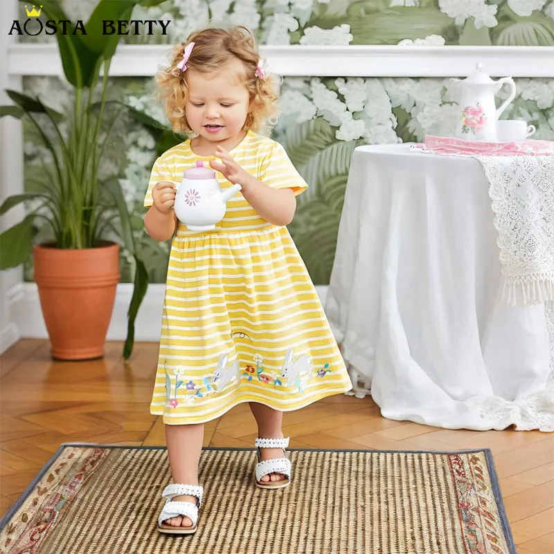 Girls Fashion Stripe Cartoon Embroidery Princess Dress Short Sleeve Cotton