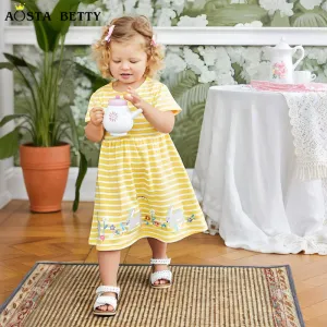 Girls Fashion Stripe Cartoon Embroidery Princess Dress Short Sleeve Cotton