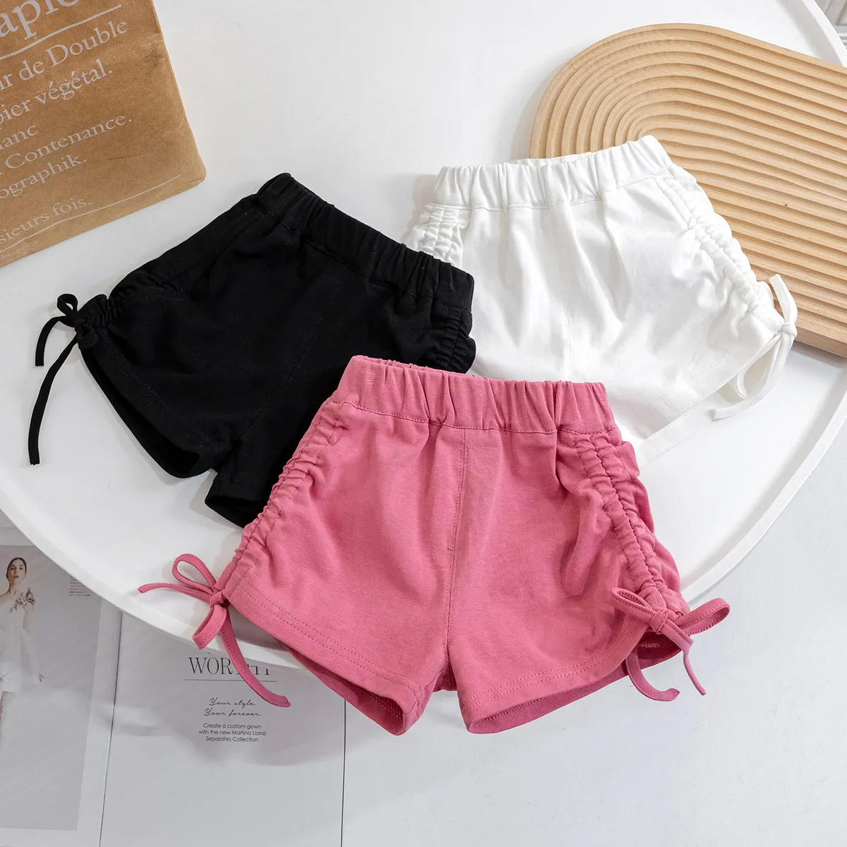Girls Fashion Solid Color Drawstring Cotton Shorts