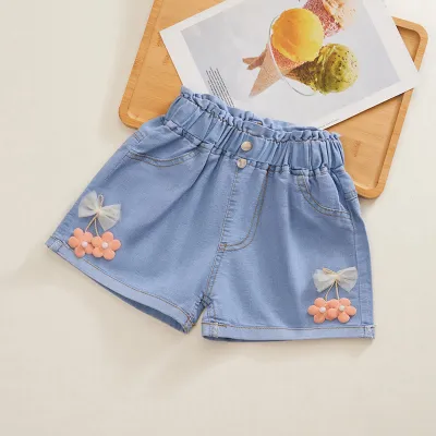 Girl's Fashion Bow Embellished High Waist Denim Shorts