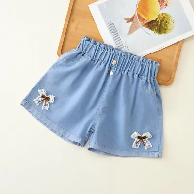 Girl's Fashion Bow Embellished High Waist Denim Shorts