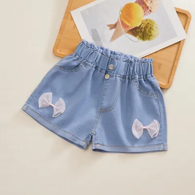 Girl's Fashion Bow Embellished High Waist Denim Shorts