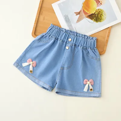 Girl's Fashion Bow Embellished High Waist Denim Shorts