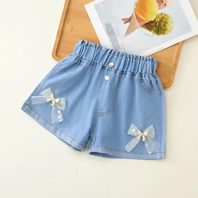 Girl's Fashion Bow Embellished High Waist Denim Shorts