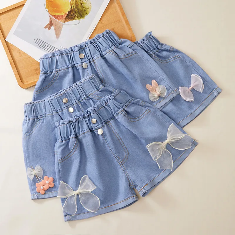 Girl's Fashion Bow Embellished High Waist Denim Shorts