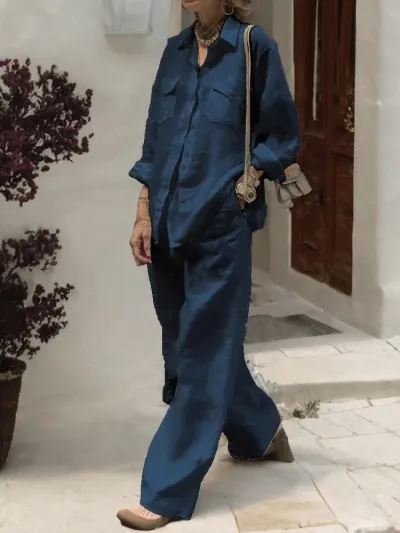 Women Casual Solid Color Long-Sleeved Shirt Loose Pants Two-Piece Set