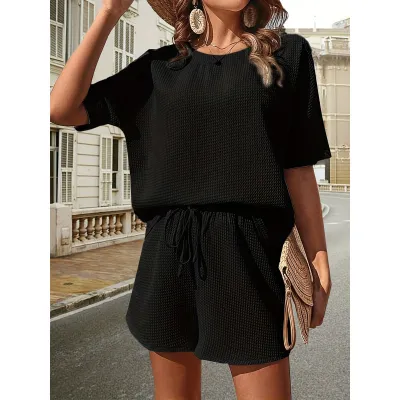 Women Casual Solid Short-Sleeve Top And Shorts Two-Piece Set