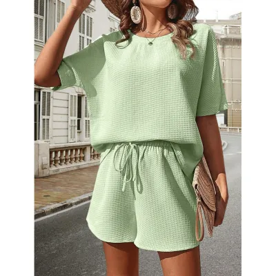 Women Casual Solid Short-Sleeve Top And Shorts Two-Piece Set