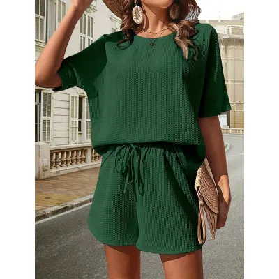 Women Casual Solid Short-Sleeve Top And Shorts Two-Piece Set