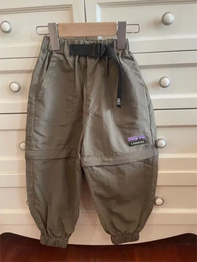 Boys Casual Loose Detachable Belt Overalls Pants Solid Color Polyester Long Mid-Waist