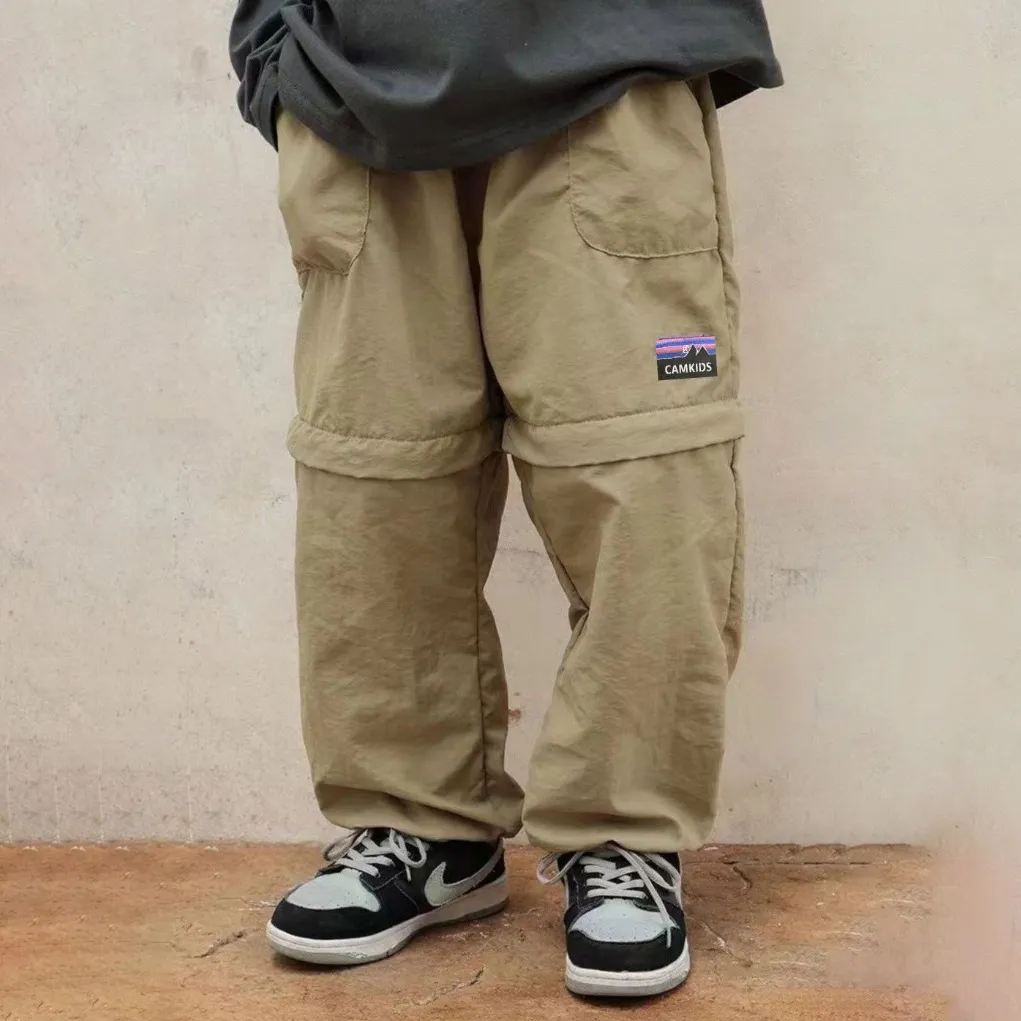 Boys Casual Loose Detachable Belt Overalls Pants Solid Color Polyester Long Mid-Waist