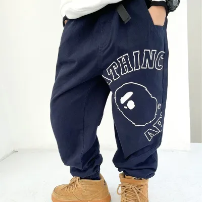Boys Fashion Casual Letter Printed Cotton Long Pants Mid-Waist