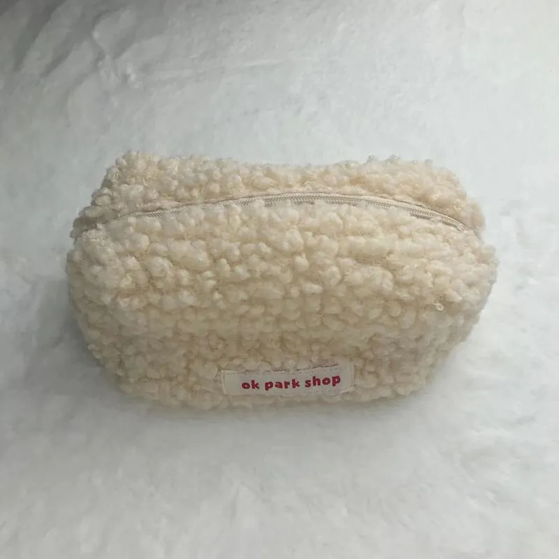 Simple Solid Color Lamb Fleece Large Capacity Pencil Bag Stationery Pouch