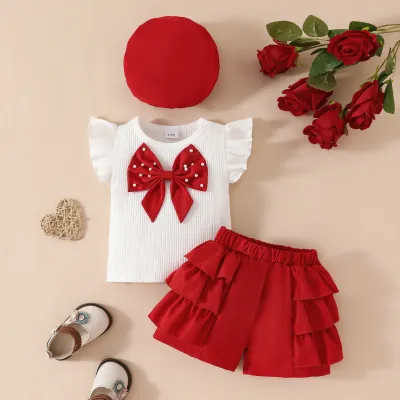 Baby Girl Bow Ruffled Top And Shorts Hat Three-Piece Sleeveless Pullover Set