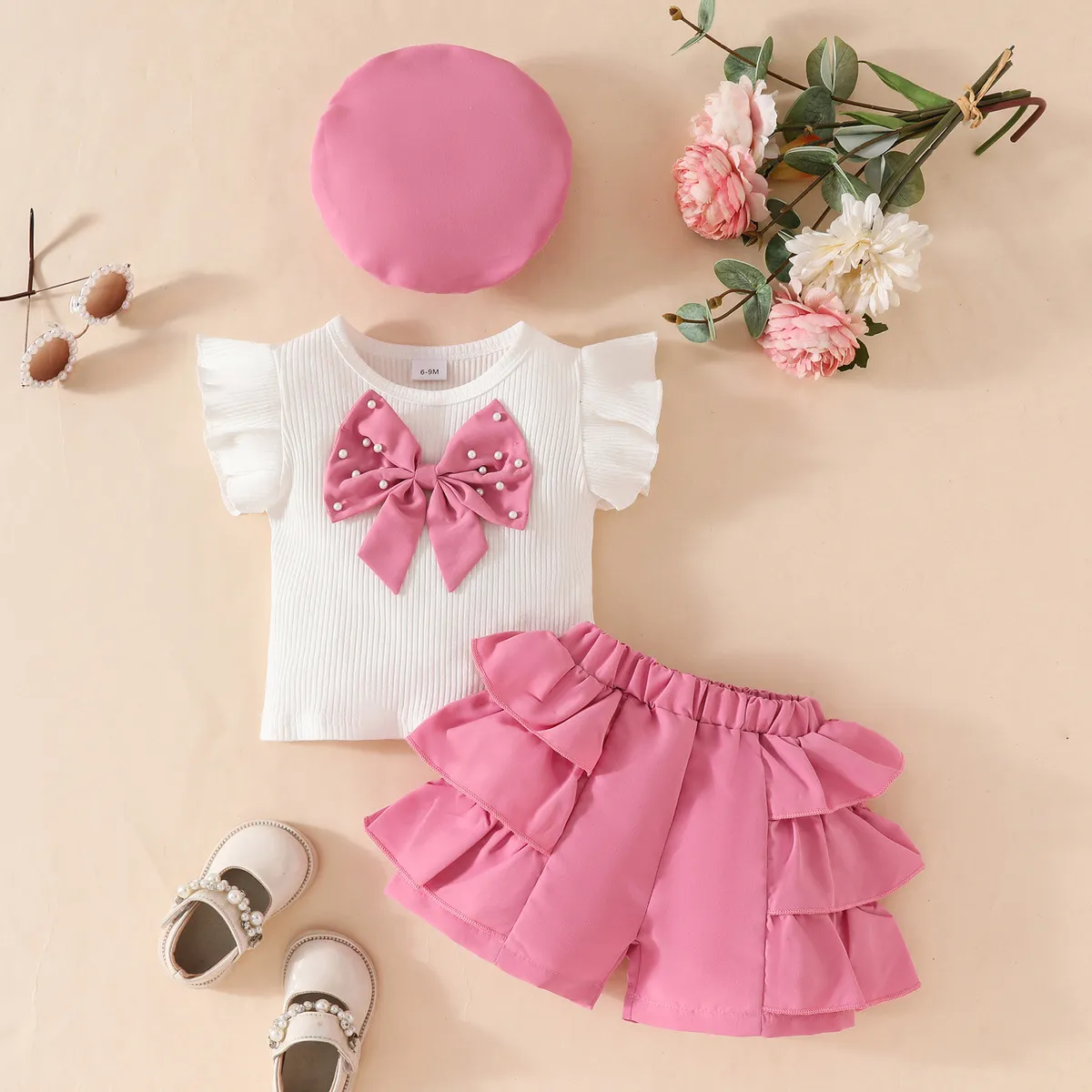 Baby Girl Bow Ruffled Top And Shorts Hat Three-Piece Sleeveless Pullover Set