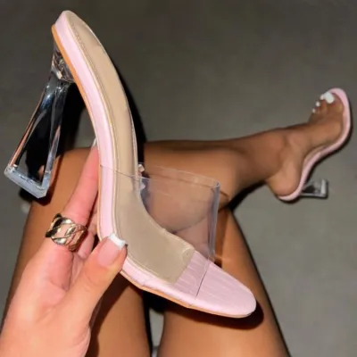 Women Fashion Simple Transparent Crystal Thick High Heel Shoes