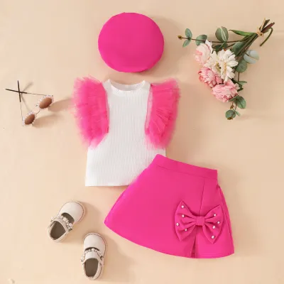 Baby Girl Mesh Ruffled Top and Skirt Hat Three-Piece Set