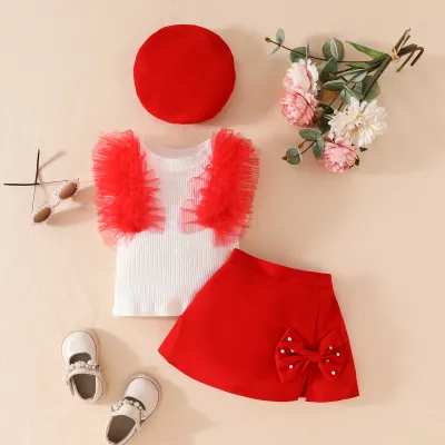 Baby Girl Mesh Ruffled Top and Skirt Hat Three-Piece Set