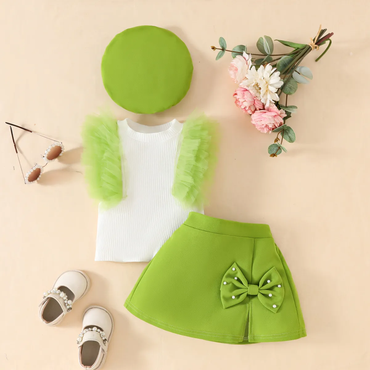 Baby Girl Mesh Ruffled Top and Skirt Hat Three-Piece Set