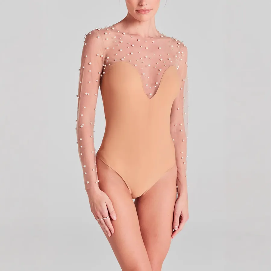 Women Fashion Sexy Bead Mesh Stitched Long-Sleeve Bodysuit