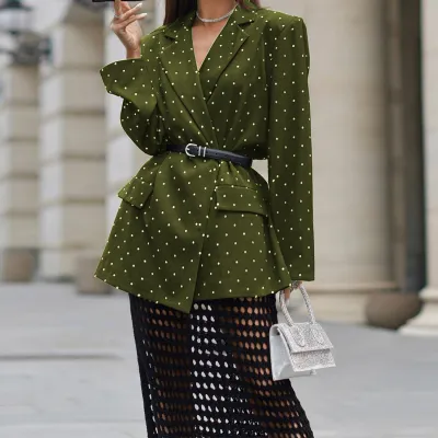 Women Elegant Polka Dot Printed Lapel Long Sleeve Blazer Coat