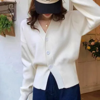 Suéter de punto de manga larga con cuello en V y color liso informal para mujer
