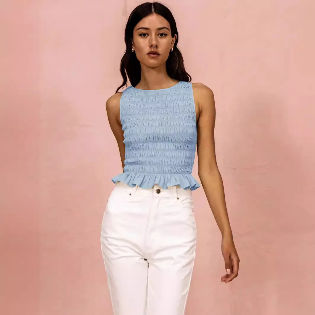 Women Sexy Solid Color High Elastic Ruffled Slim-Fit Tank Top