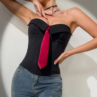 Women Sexy Solid Color Strapless Tie Splicing Tight Tube Top