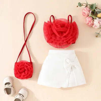 Girls' Fashion Three-Piece Floral Top And Shorts And Bag Sets Sleeveless Pullover