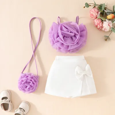 Girls' Fashion Three-Piece Floral Top And Shorts And Bag Sets Sleeveless Pullover