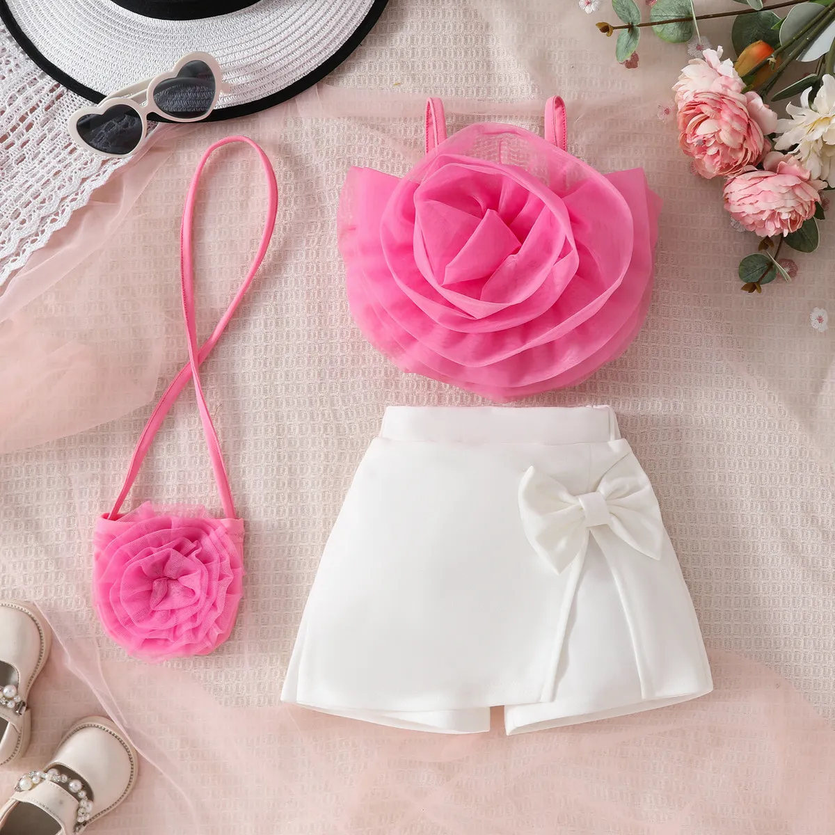 Girls' Fashion Three-Piece Floral Top And Shorts And Bag Sets Sleeveless Pullover