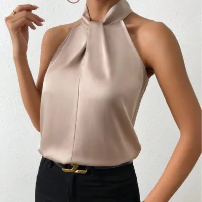 Women Fashion Sexy Solid Color Satin Halter Neck Tank Top