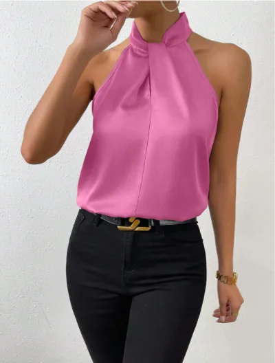 Women Fashion Sexy Solid Color Satin Halter Neck Tank Top