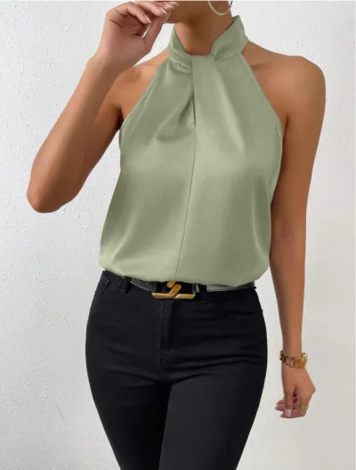 Women Fashion Sexy Solid Color Satin Halter Neck Tank Top