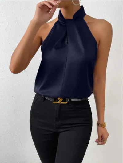 Women Fashion Sexy Solid Color Satin Halter Neck Tank Top